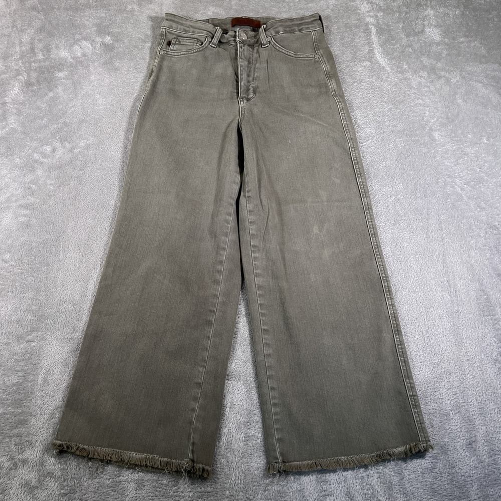 Judy Blue Jeans Womens 7/28 Green High Waist Control Top‎ Fray Hem Crop Wide Leg